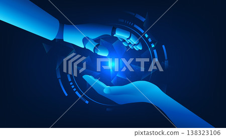 Digital twin technology background a robotic arm mirrored with a human hand, representing simulation, human-AI collaboration, smart automation, precision control, and advanced industrial innovation. Digital twin technology background a robotic arm mirrored with a human hand, representing simulation, human-AI collaboration, smart automation, precision control, and advanced industrial innovation. 138323106