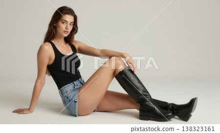 Attractive female model posing confidently, wearing a black tank top and denim shorts with tall leather boots against a neutral background for fashion Attractive female model posing confidently, wearing a black tank top and denim shorts with tall leather boots against a neutral background for fashion 138323161
