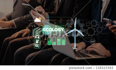 Professionals Engaged in Technology and Ecology Discussion with Graphical Interface Showing Renewable Energy Solutions and Environmental Sustainability Concepts. Raster 138323383