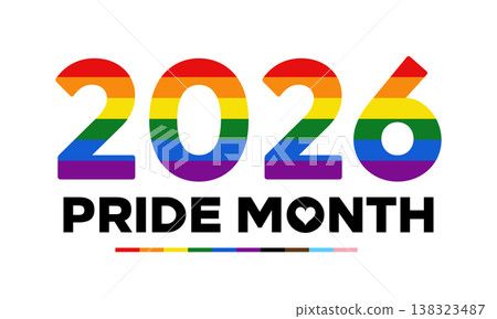 Pride Month 2026 typography logo, LGBT rainbow flag text Pride Month 2026 typography logo, LGBT rainbow flag text 138323487