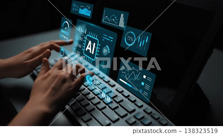 Hands Typing on Keyboard with AI Data Visualization Overlay on Computer Screen in a Dark Room Gluon Hands Typing on Keyboard with AI Data Visualization Overlay on Computer Screen in a Dark Room Gluon 138323519