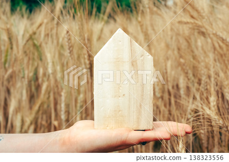 Hand holding a wooden house-shaped object in a field of golden wheat, symbolizing home, nature, and sustainable living in a serene outdoor environment 138323556