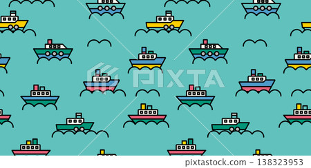 可愛的小船和連續波浪圖案插圖 138323953