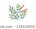Minimal flat illustration of pruning shears cutting green leaves on a light background clean composition soft colors modern botanical gardening concept 138324050