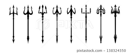 Devil trident. Poseidon fork. Hell demon spear or Satan weapon. Mythology silhouette pike. Fantasy harpoon. Black myth symbol. Ancient lance. Neptune pitchfork. Vector graphic icons set Devil trident. Poseidon fork. Hell demon spear or Satan weapon. Mythology silhouette pike. Fantasy harpoon. Black myth symbol. Ancient lance. Neptune pitchfork. Vector graphic icons set 138324350