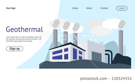 Power plant landing page. Geothermal station. Electricity generation. Renewable energy of water. Website design template. Alternative resource. Hydropower turbines. Vector background 138324352