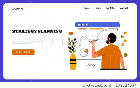 Business management landing page. Strategy planning. Project diagram. Website design template. Businessman with planner infographic. Professional manager at whiteboard. Vector background 138324354