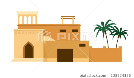 Desert heritage. Arabian building. Ancient house with fence and palms. Islamic homes. Traditional Moroccan architecture. Residential mansion facade. Arabic city landscape vector element 138324356
