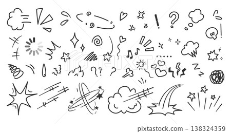 Comic effects. Sound scream elements, speech bubble or fight action burst. Burst, clouds and stars symbols. Japanese manga motion. Doodle stickers. Decoration notes. Vector isolated icons 138324359