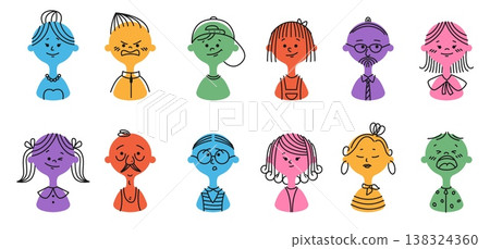 Smile faces set. Simple people avatar for social media profile, funny profile emoji or geometric diverse emoticon. Happy head colorful sticker. Doodle drawing. Vector cartoon isolated icons 138324360