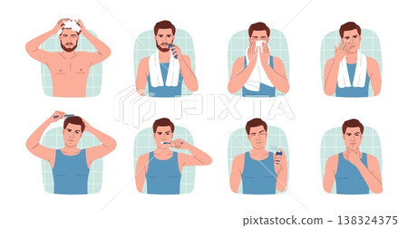 Man in shower. Hair care. Morning skin hygiene. Face wash and shave. Guy applying moisturizing cream. Male person taking bath and cleaning teeth. Beauty routine procedures vector set Man in shower. Hair care. Morning skin hygiene. Face wash and shave. Guy applying moisturizing cream. Male person taking bath and cleaning teeth. Beauty routine procedures vector set 138324375