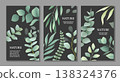 Watercolor flowers posters set. Botanical cards with foliage. Vertical nature templates. Eucalyptus leaves on a dark background. Natural elegance banners with copy space. Vector collection 138324376