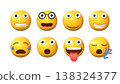 3D emoji. Happy or sad face with mouth and eyes. Cartoon emoticon or social media character. Happy wink avatar smile. Surprised icon. Emotion facial expression. Bubble smileys vector set 138324377