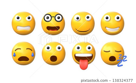 3D emoji. Happy or sad face with mouth and eyes. Cartoon emoticon or social media character. Happy wink avatar smile. Surprised icon. Emotion facial expression. Bubble smileys vector set 3D emoji. Happy or sad face with mouth and eyes. Cartoon emoticon or social media character. Happy wink avatar smile. Surprised icon. Emotion facial expression. Bubble smileys vector set 138324377