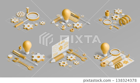 Creative technology. 3D light bulb. Isometric innovation science idea in engineering industry. Engineer research. Magnifying glass and work gear. Invention lightbulb. Vector concepts set Creative technology. 3D light bulb. Isometric innovation science idea in engineering industry. Engineer research. Magnifying glass and work gear. Invention lightbulb. Vector concepts set 138324378