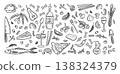 Doodle food. Vintage hand drawn Italy lunch drink, summer dish party art with olive, pasta for Italian menu. Assorted gastronomy ingredients, background design. Vector isolated line icons set 138324379