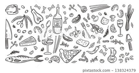 Doodle food. Vintage hand drawn Italy lunch drink, summer dish party art with olive, pasta for Italian menu. Assorted gastronomy ingredients, background design. Vector isolated line icons set Doodle food. Vintage hand drawn Italy lunch drink, summer dish party art with olive, pasta for Italian menu. Assorted gastronomy ingredients, background design. Vector isolated line icons set 138324379