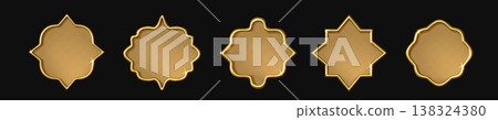 Ramadan frame. Luxury golden thai label, 3d islam gold shape or vintage chinese button, arabic arabesque pattern. Luxury decorative emblem or badge element. Vector background, graphic set Ramadan frame. Luxury golden thai label, 3d islam gold shape or vintage chinese button, arabic arabesque pattern. Luxury decorative emblem or badge element. Vector background, graphic set 138324380