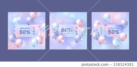Sale coupon. 3d holographic voucher, shop discount gradient element or pastel promotion business label. Glossy balloons on soft bokeh gradient. Square social media post. Vector background Sale coupon. 3d holographic voucher, shop discount gradient element or pastel promotion business label. Glossy balloons on soft bokeh gradient. Square social media post. Vector background 138324381
