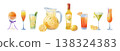Watercolor cocktails. Martini glasses. Summer birthday party. Refreshing beverage with lemon. Champagne bottle. Alcohol wineglasses. Lemonade jug. Citrus slice and ice. Vector drinks set 138324383