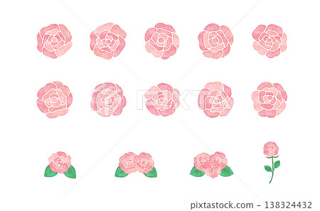 Watercolor-style pink rose material set: Flower parts illustration with petals, leaves, and stems. 138324432