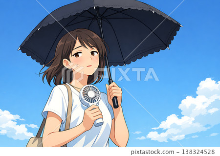 一位女士一邊撐著陽傘，一邊使用手持扇子。 138324528
