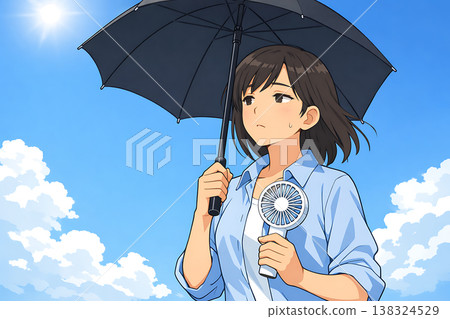 一位女士一邊撐著陽傘，一邊使用手持扇子。 138324529