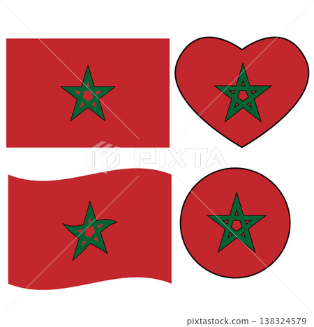Morocco flag icon. Waving flag of Morocco. Heart Morocco flag. Round Morocco flag. flat style. Morocco flag icon. Waving flag of Morocco. Heart Morocco flag. Round Morocco flag. flat style. 138324579