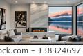 Modern Living Room with Panoramic Lake and Mountain Views 138324697