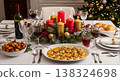 Elegant Christmas Dinner Table with Shrimp Platter and Festive Decor 138324698