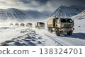 Military convoy traversing a snowy mountain pass in winter conditions 138324701