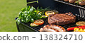 Summertime Grill with Steaks, Sausages, and Vegetables Outdoors 138324710