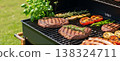 Summertime Grill with Steaks, Sausages, and Vegetables Outdoors 138324711