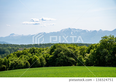 Green forests and snow-capped mountain ranges in the Yubari Mountains Green forests and snow-capped mountain ranges in the Yubari Mountains 138324751
