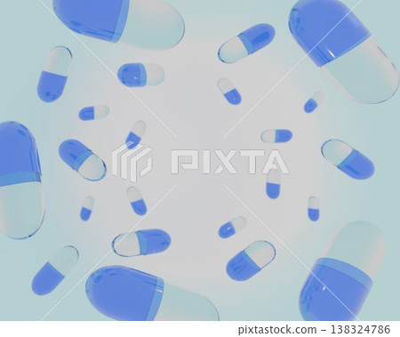 3D rendered background material featuring blue and transparent capsule medicine floating in a circular pattern. 138324786