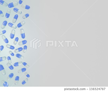 3D rendered background material featuring blue and transparent capsule medicine floating around; large copy space on the right. 3D rendered background material featuring blue and transparent capsule medicine floating around; large copy space on the right. 138324787