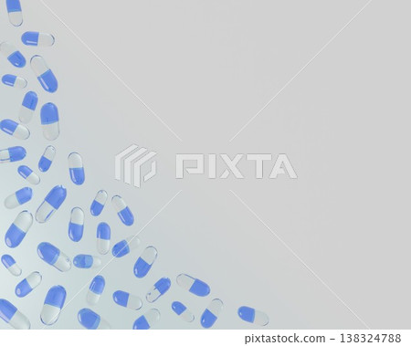 3D渲染背景素材,藍色和透明的膠囊狀藥物漂浮其中;右上角有大片空白區域。 3D渲染背景素材,藍色和透明的膠囊狀藥物漂浮其中;右上角有大片空白區域。 138324788