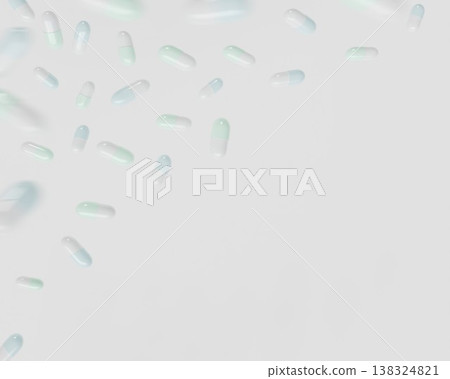 3D rendered background material featuring pastel-colored capsules floating around. Large copy space in the lower right corner. 138324821