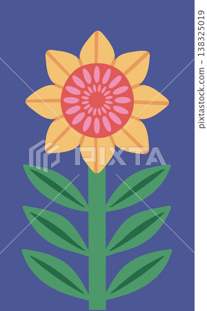 Sunflower stem with layered petals, radial center, and stacked leaves in bold shapes 138325019