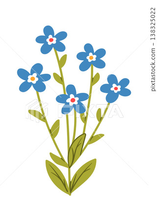 Flower bouquet with five-petal blossoms on slender stems and oval leaves, clean outline and solid fill 138325022