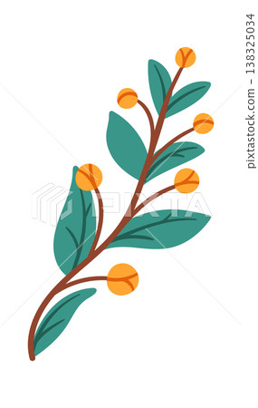 Berry twig with round fruit and broad leaves on a curved stem in cartoon style Berry twig with round fruit and broad leaves on a curved stem in cartoon style 138325034