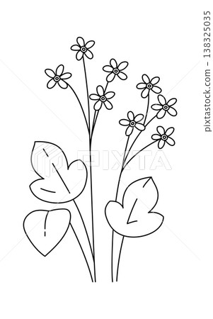 Flower sprigs with small blossoms and heart-shaped leaves drawn with clean contour strokes Flower sprigs with small blossoms and heart-shaped leaves drawn with clean contour strokes 138325035