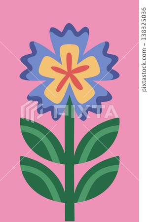 Flower with layered petal shapes and bold leaf stem in geometric cartoon style Flower with layered petal shapes and bold leaf stem in geometric cartoon style 138325036