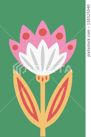 Flower with layered petals, dotted crown, long stem, and twin leaves in bold shapes 138325040