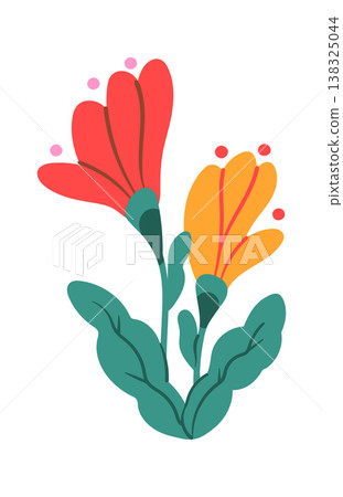 Flower bouquet with two blooming buds, rounded petals, and broad leaves in a clean cartoon style 138325044