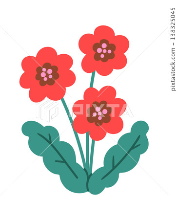 Flower plant with three petal blooms and broad leaves in a clean cartoon style Flower plant with three petal blooms and broad leaves in a clean cartoon style 138325045