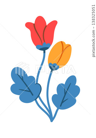 Two tulip buds on curved stems with broad leaves, clean shapes and bold outlines Two tulip buds on curved stems with broad leaves, clean shapes and bold outlines 138325051