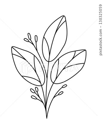 Leaf branch with three large leaves and small buds drawn in clean contour strokes 138325059
