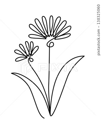 Flower pair drawn in a continuous single stroke with elongated petals and curved leaves Flower pair drawn in a continuous single stroke with elongated petals and curved leaves 138325060