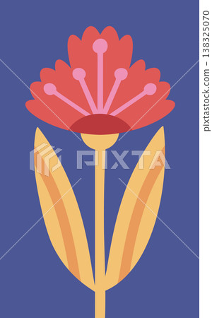 Flower with long stem, petal layers, and stamens, framed by two leaves Flower with long stem, petal layers, and stamens, framed by two leaves 138325070